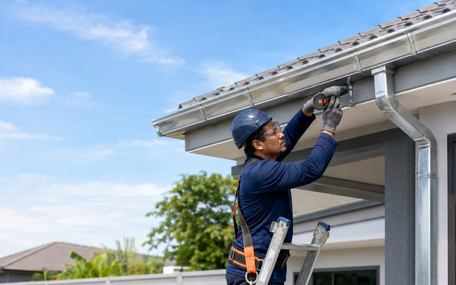 Profissional instalando calha metálica em uma residência